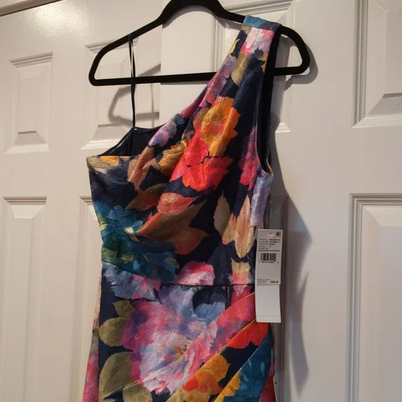 Aidan Mattox One Shoulder Draped Floral Gown With Thigh Slit In Navy Multi - Picture 7 of 14